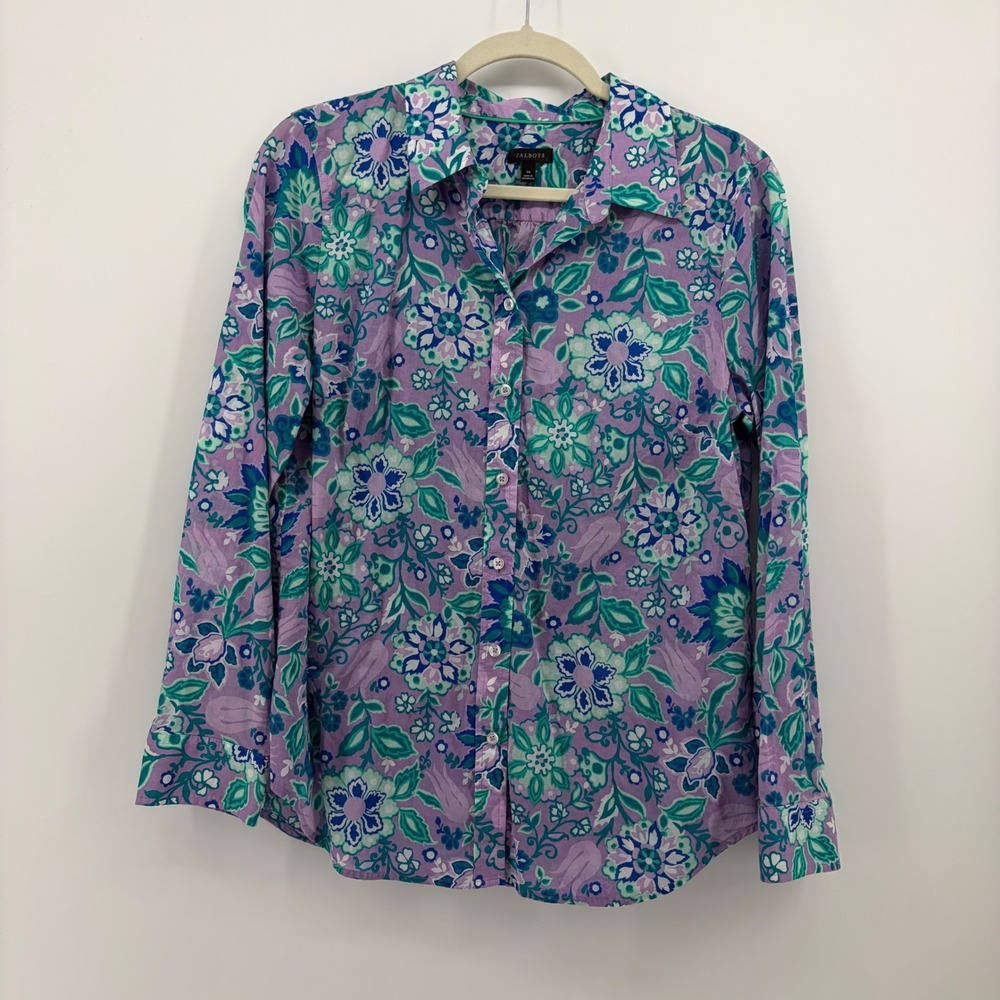 Talbots Womens M Purple Floral Paisley Cotton Button Down Long Sleeve Shirt